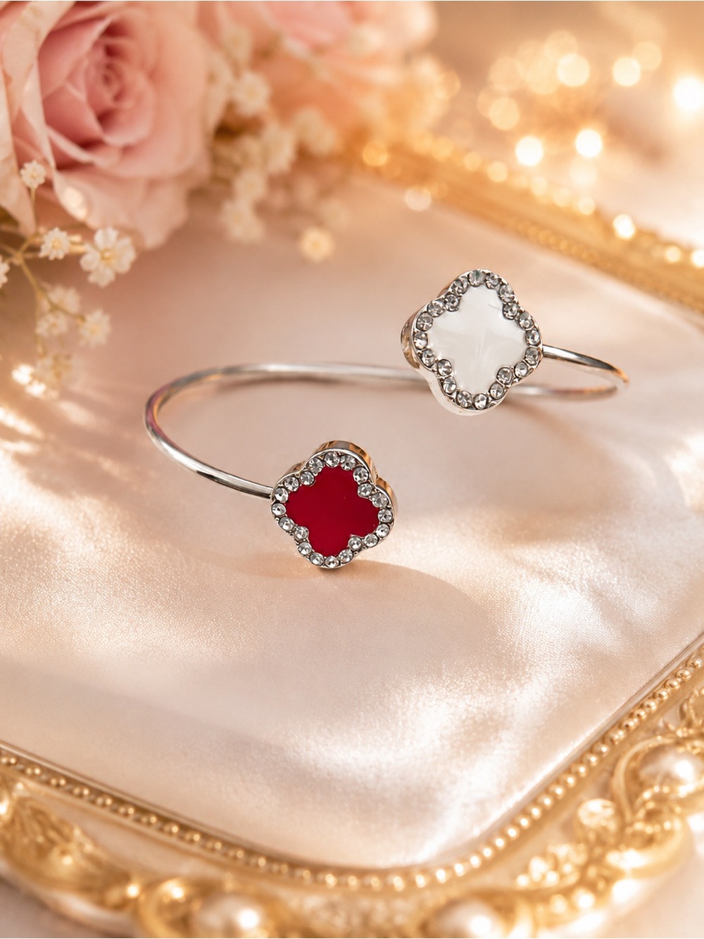 Sterling-Style Open Cuff Bracelet with Red & White Clover Charms